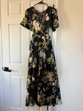 NWT Baltic Born Black Floral Wrap Maxi Dress with Pink & Olive Blooms
